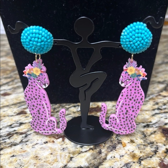 Pink Leopard Statement Earrings – Floral Crown & Turquoise Bead Studs - Picture 1 of 2